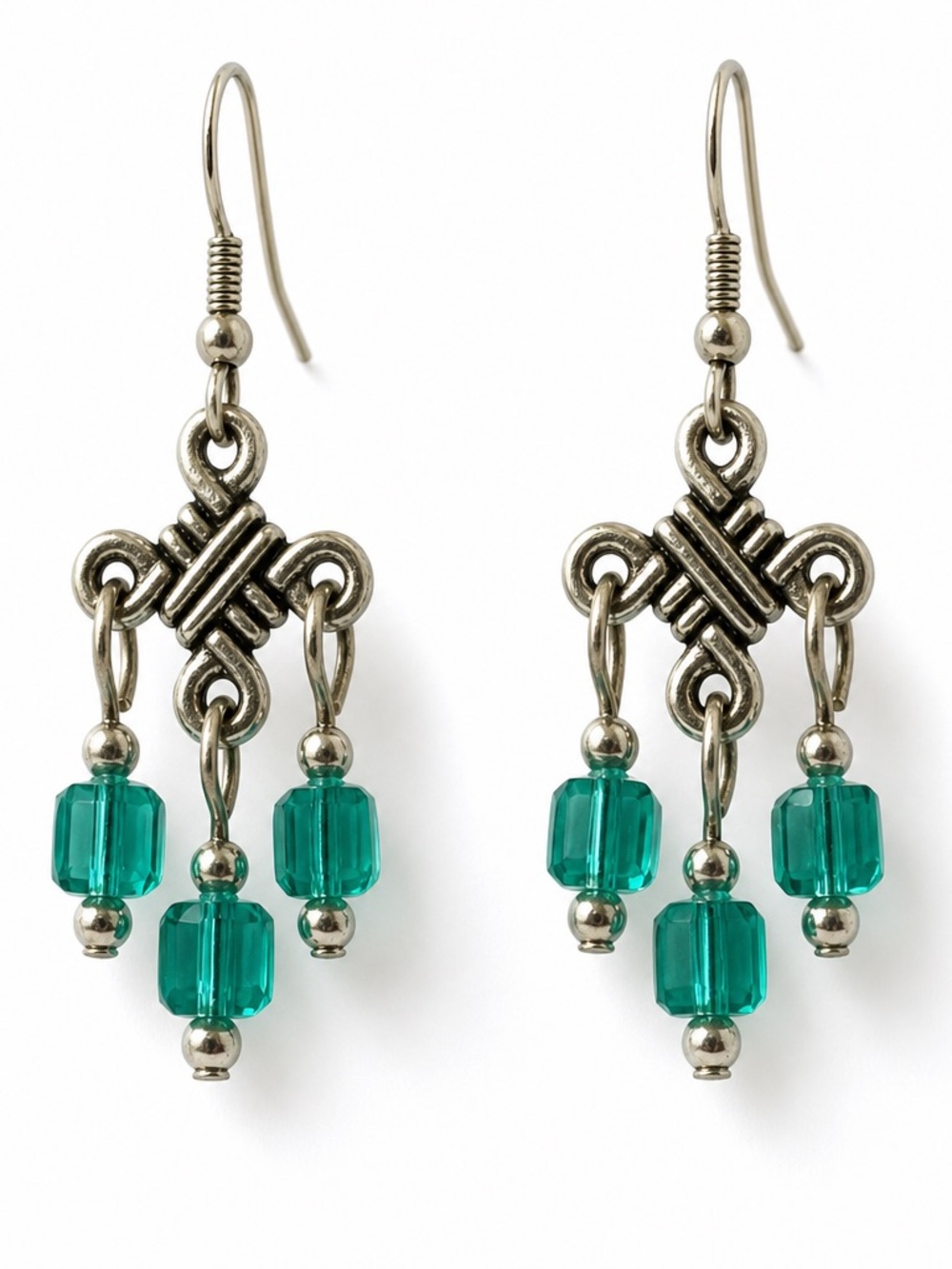 Celtic Knot Teal Crystal Cube Chandelier Earrings